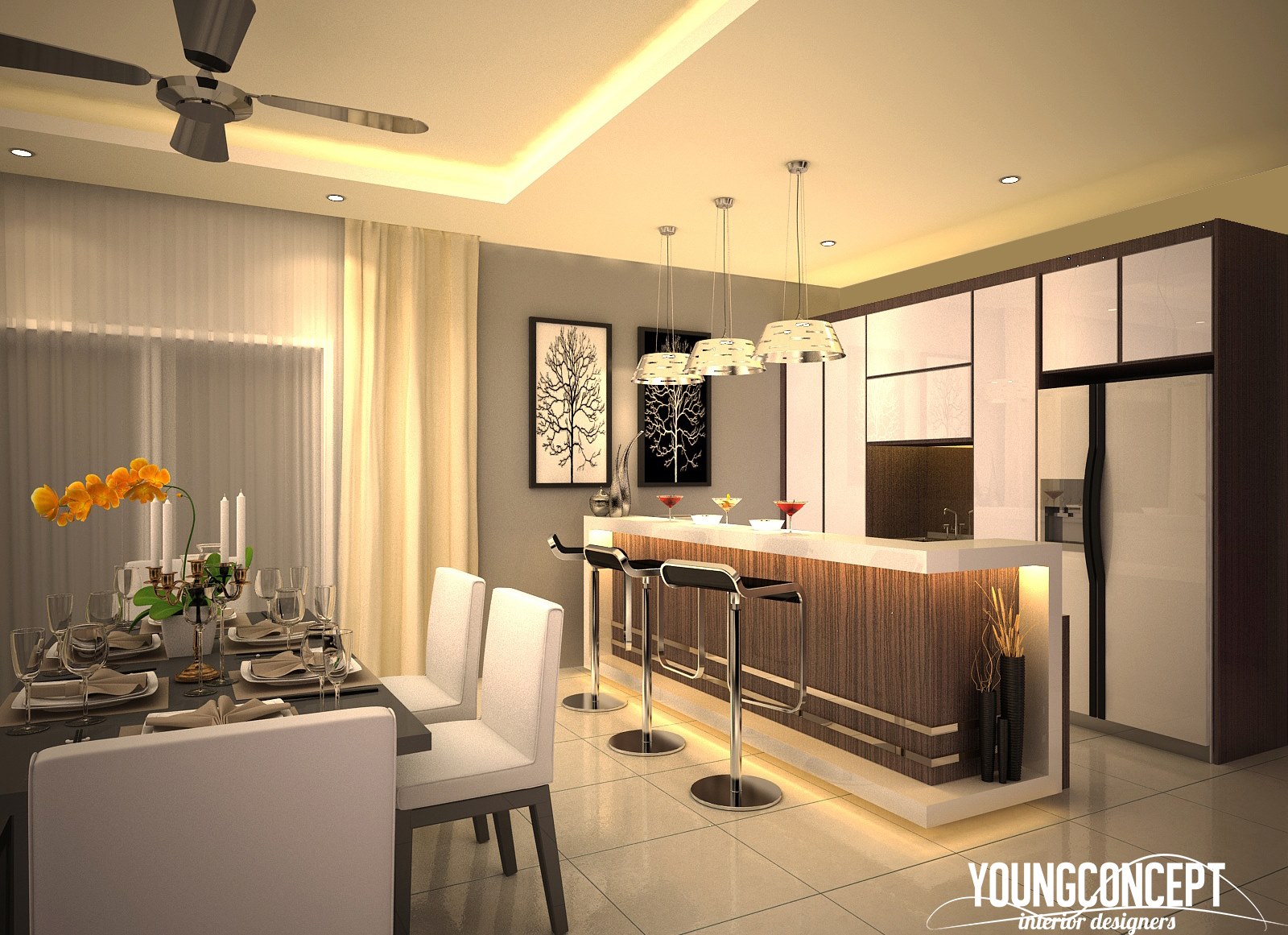 Dry kitchen concept in white solid surface by Young Concept Design Sdn Bhd. Source. 