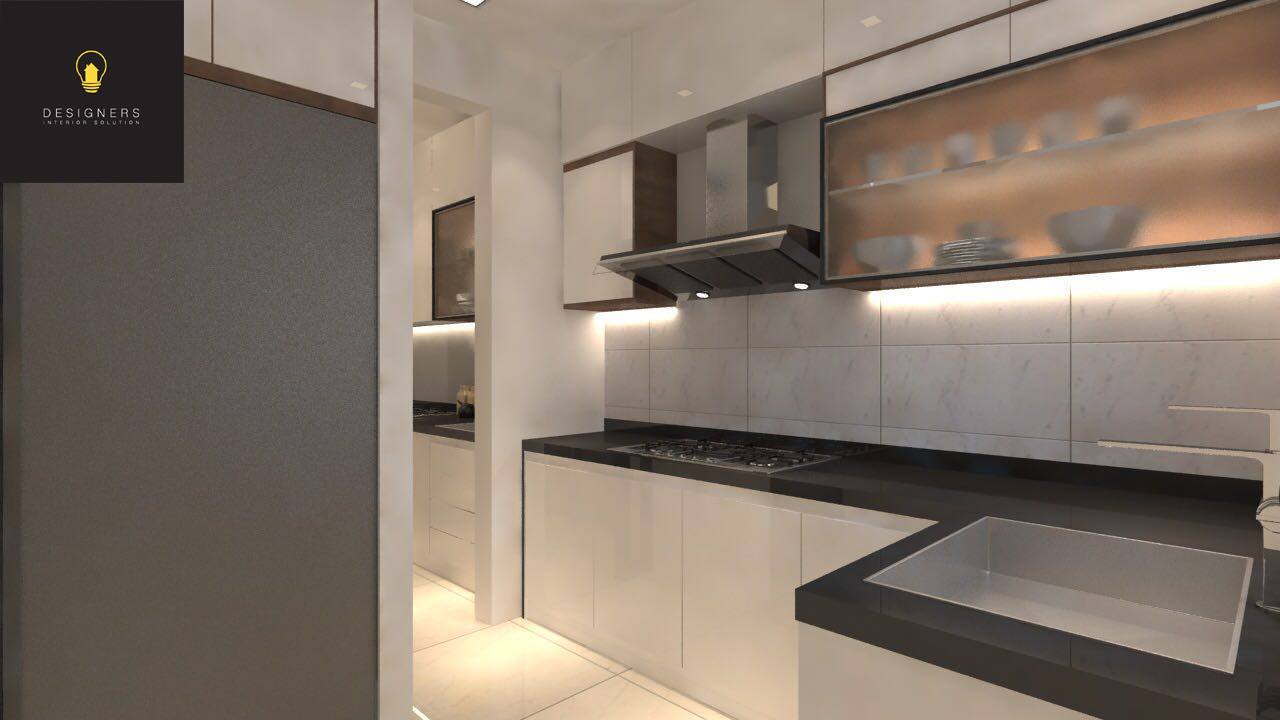 Monochrome kitchen cabinets by Designers Interior Solution. Source. 