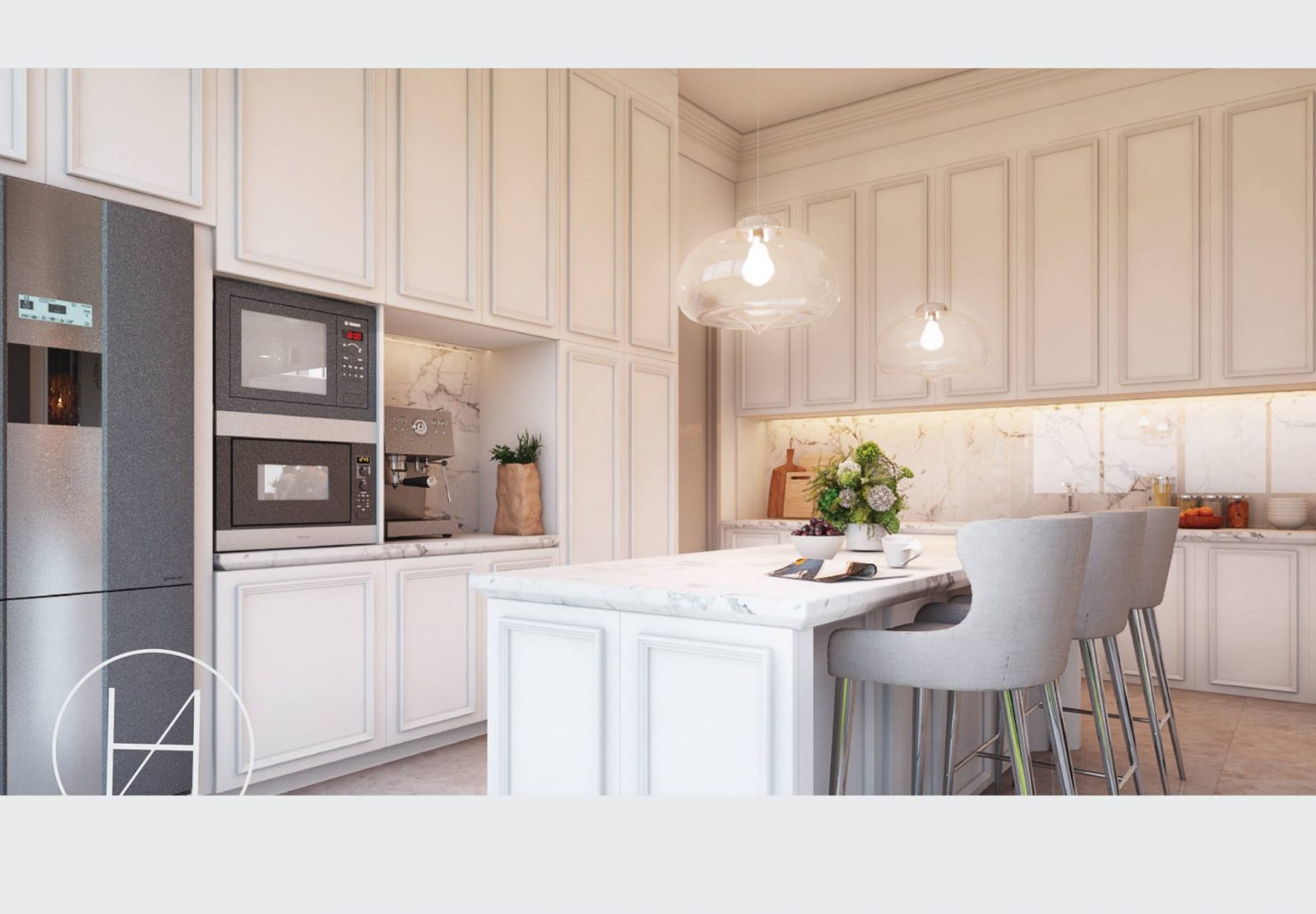 Traditional kitchen cabinet design with wainscotting doors and marble countertop by Hatch Design. Source. 