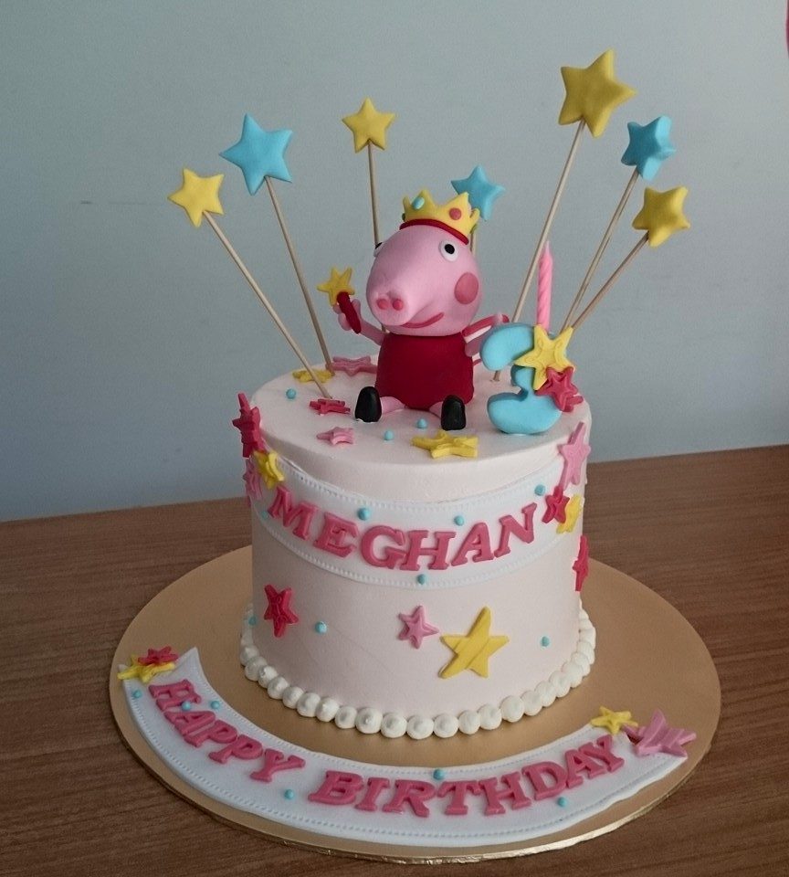 A tall cake with buttercream frosting and Peppa Pig figurine cake topper. My Fat Lady Cakes and Bakes.Source