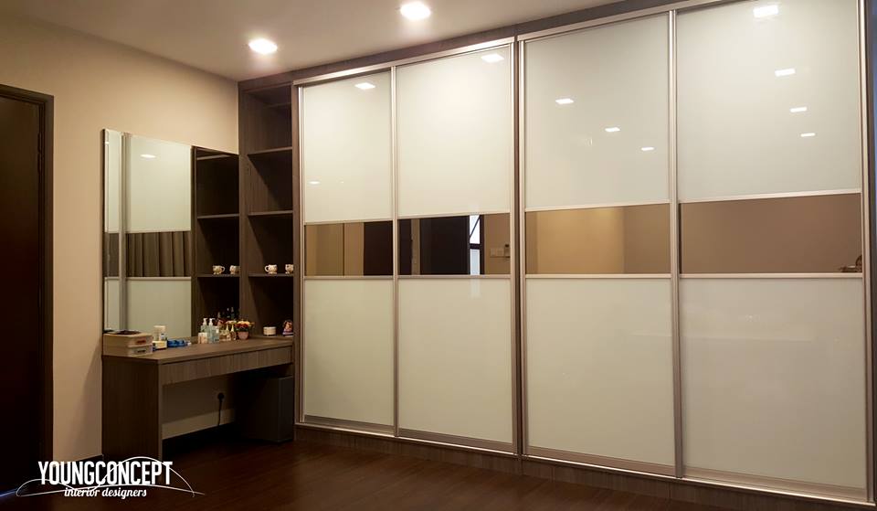 Built in wardrobe with integrated vanity and open shelving. By Young Concept