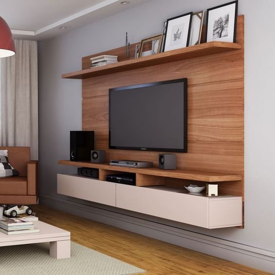 Suspended TV cabinet designs with high shelf for photo frames