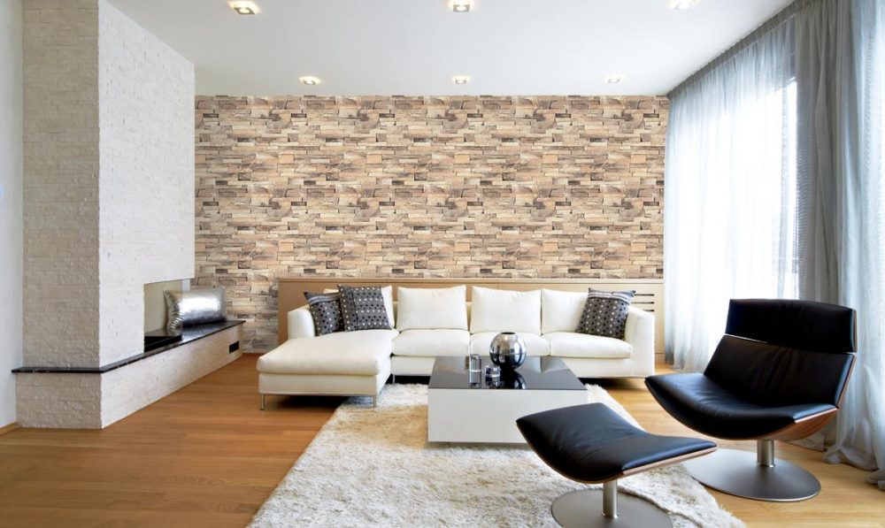 Living room wallpaper for feature wall. Source: Lamex