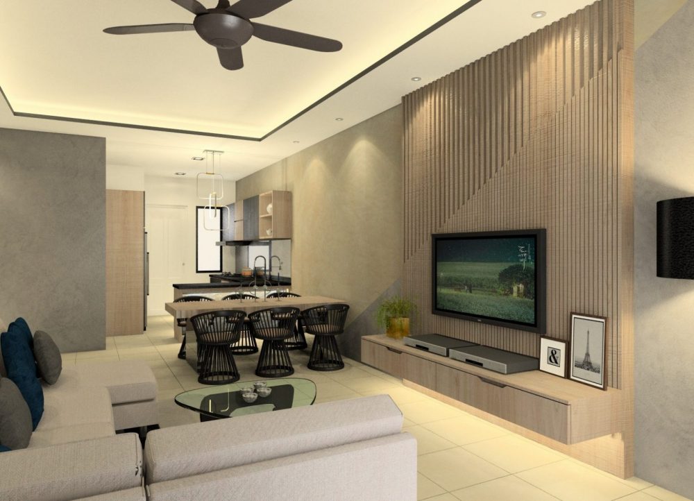 Interior design living room package. TV console feature wall and kitchen cabinets.