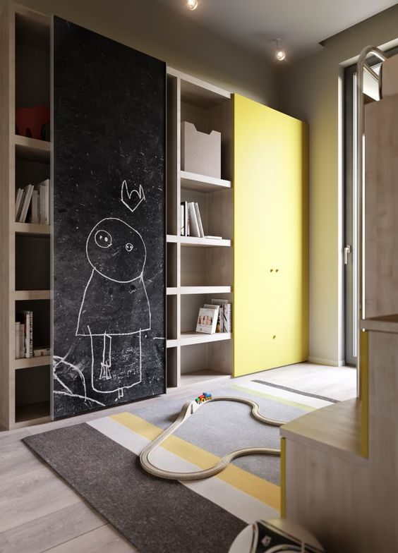 Yellow wardrobe with sliding chalkboard