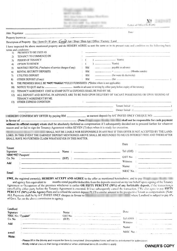 Copy of tenant's letter of offer to rent a property from the landlord. This letter is given from the tenant to the landlord between the actual tenancy agreement in Malaysia is signed