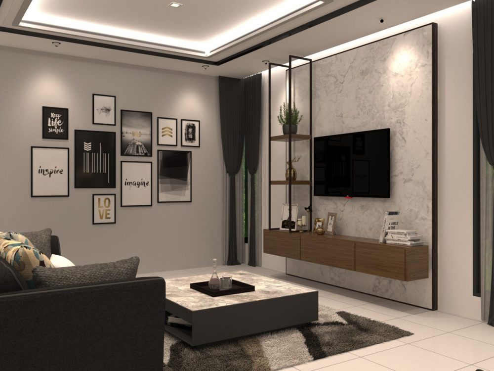 Living area view of contemporary interior design package for Periwinkle 2-storey semi-detached house in Bandar Rimbayu, Shah Alam. Design by Recommend.my