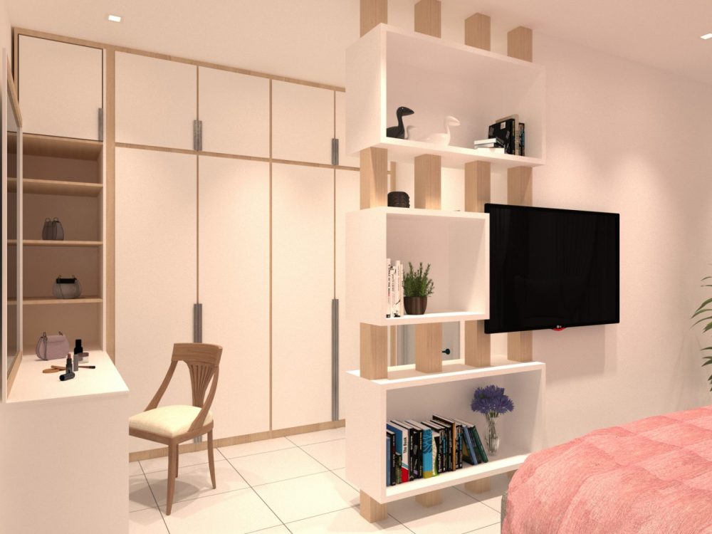 Bedroom cabinetry. Minimalist interior design package for Periwinkle 2-storey semi-detached house in Bandar Rimbayu, Shah Alam. Design by Recommend.my