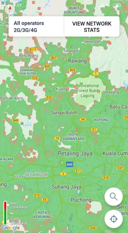 Above: Mobile service coverage map around Klang Valley. The red spots indicate weaker signal strength on average across popular service providers (Digi, Celcom, Maxis, U Mobile, and unifi). Source: OpenSignal (an app that measures mobile signal strength in different locations)