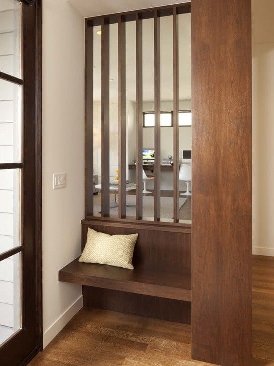 Entrance divider using vertical wooden slats