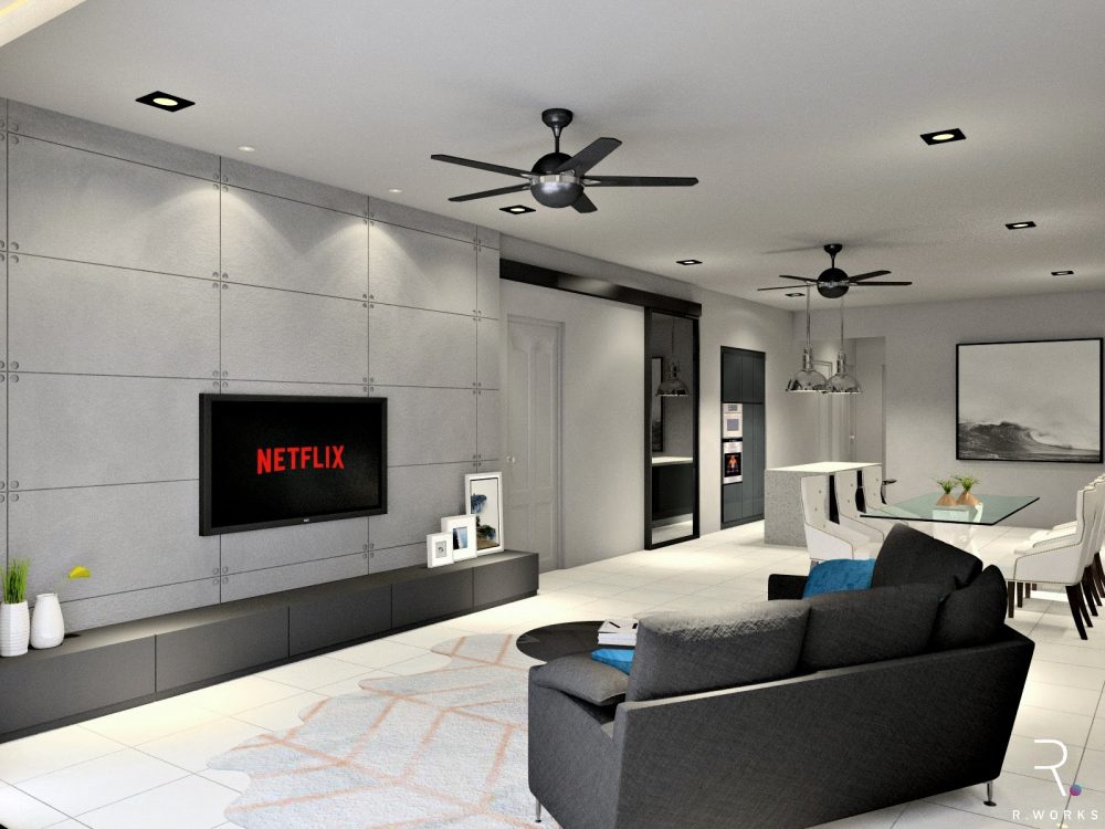 3D visualization of living, dining, and dry kitchen area