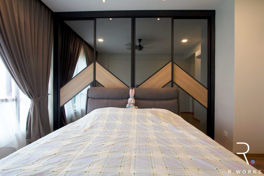 Fully designed sliding grey mirror feature wall in the master bedroom