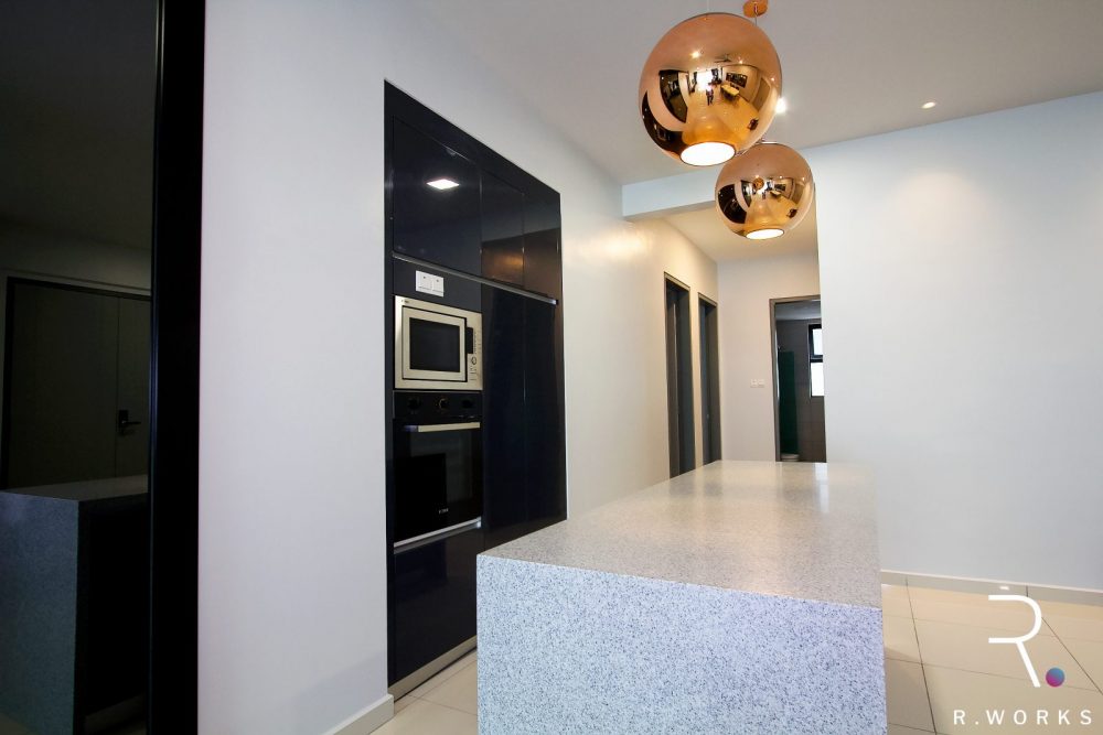 Dry kitchen area and kitchen counter after interior design