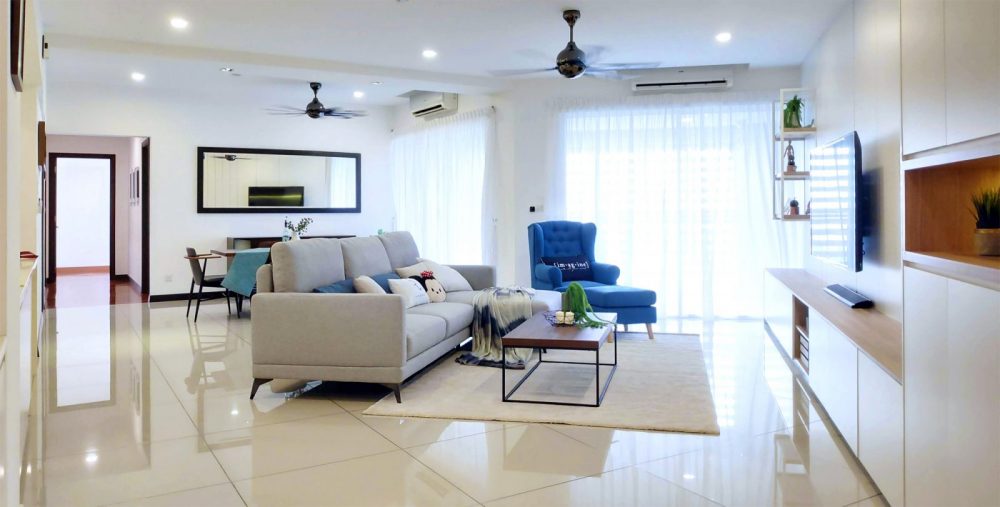 Fully interior designed living room in blue and white 