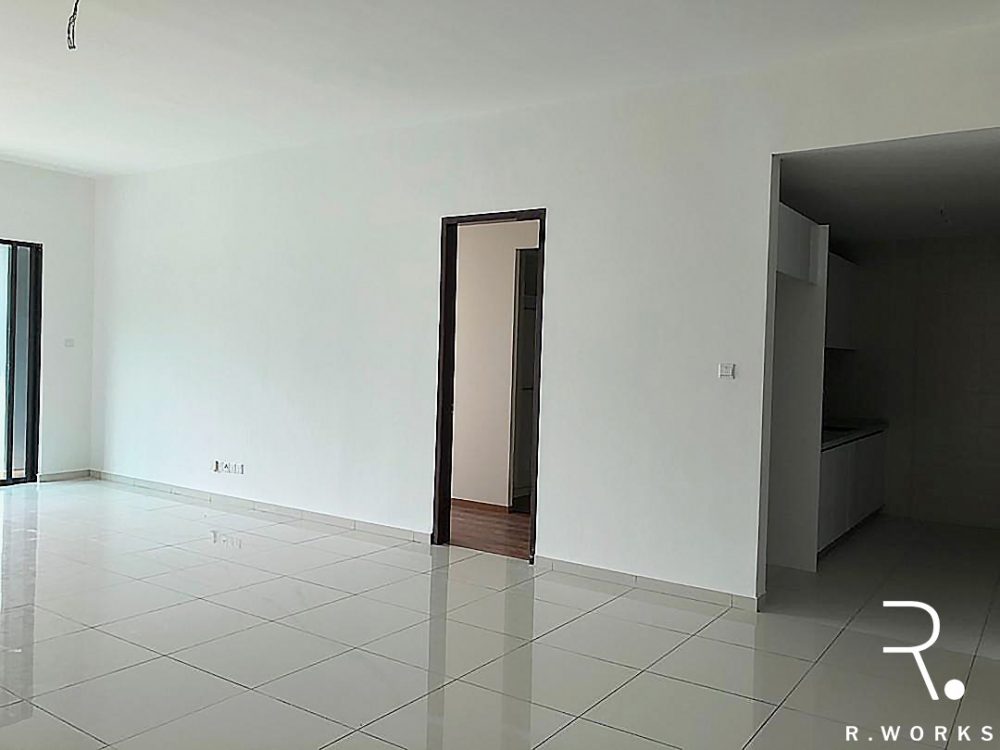 Empty living and dry kitchen before interior design