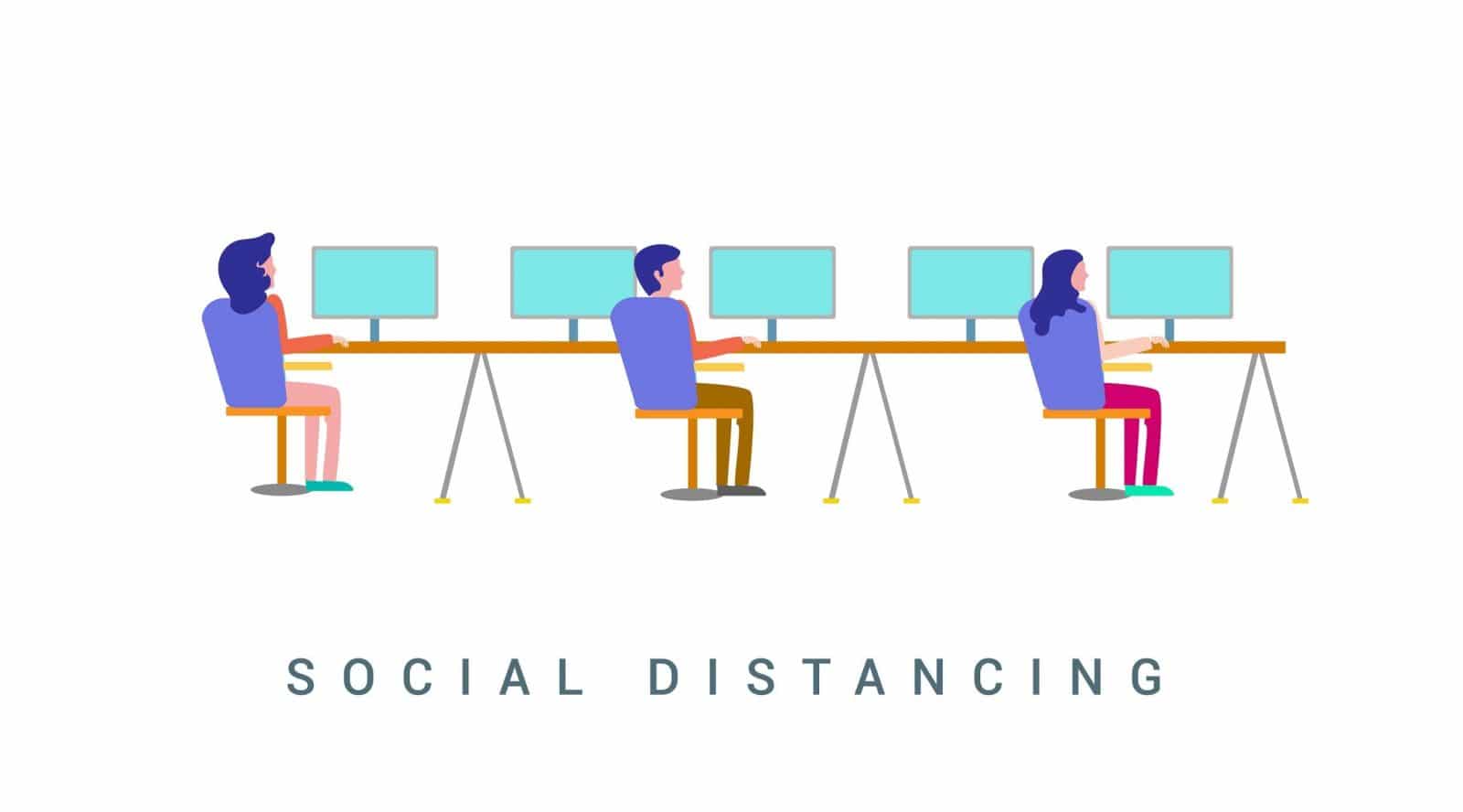 Workers leaving one space empty between each other for social distancing