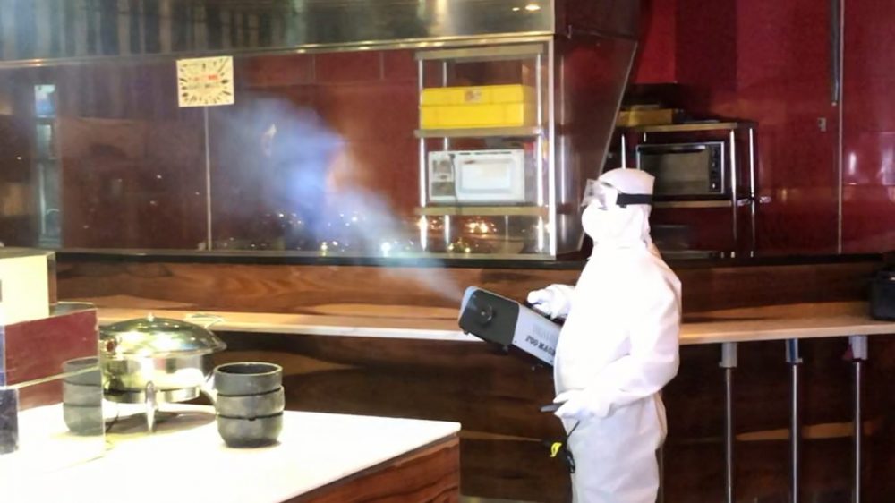 Professional disinfecting fogging being carried out at a karaoke outlet in Malaysia