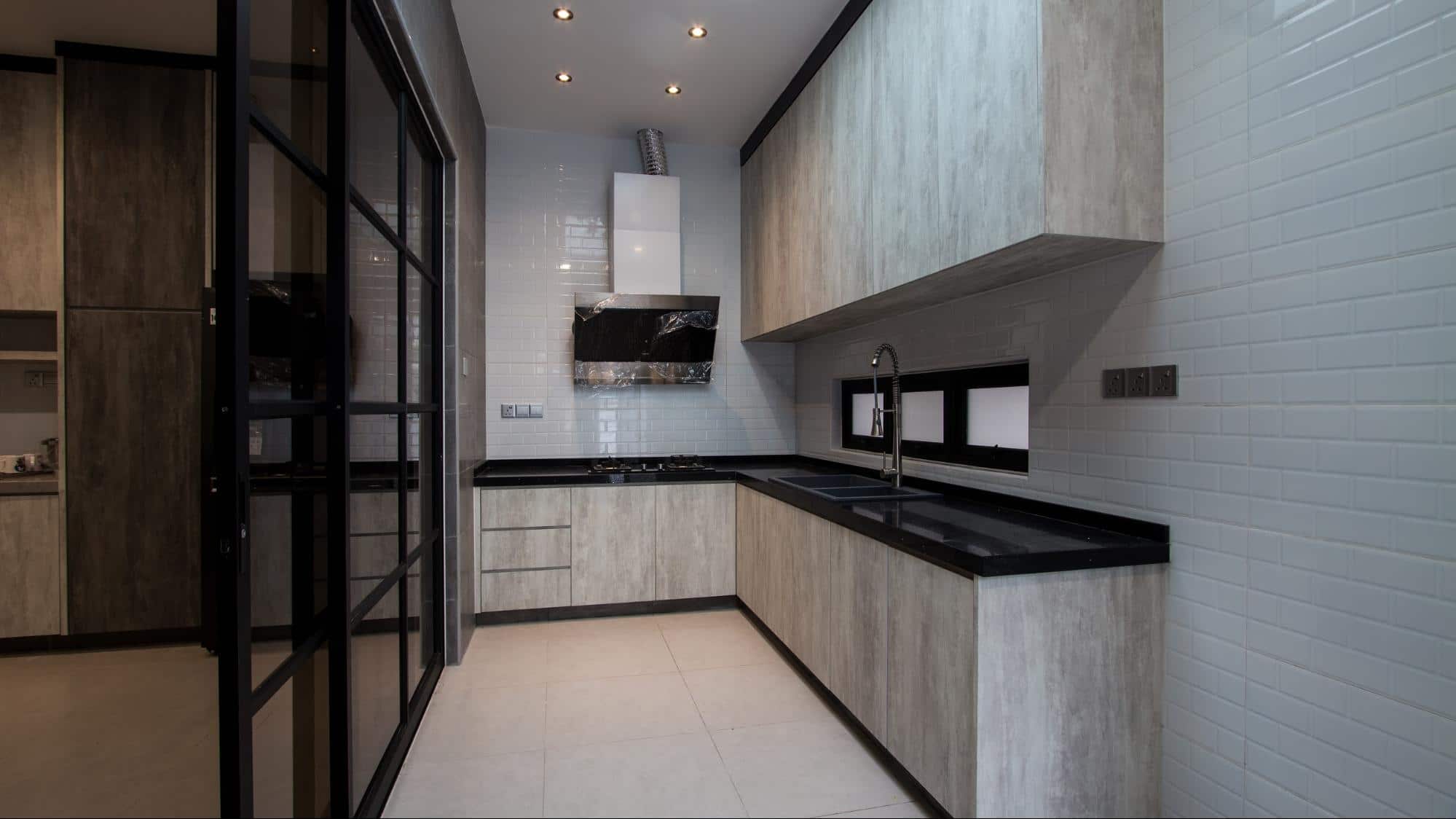 Modern industrial kitchen design with grey laminates 