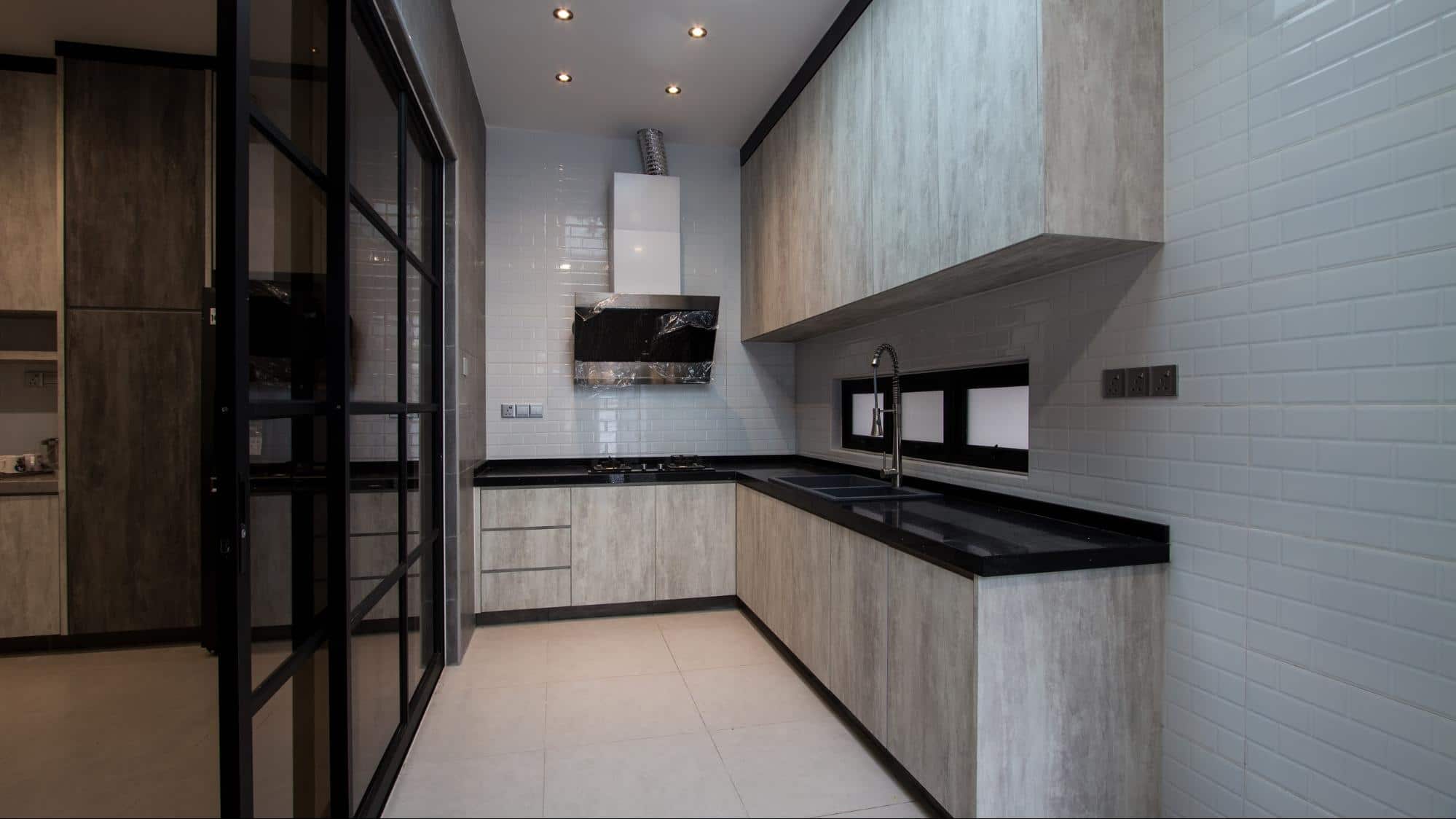 Modern industrial kitchen design with grey laminates