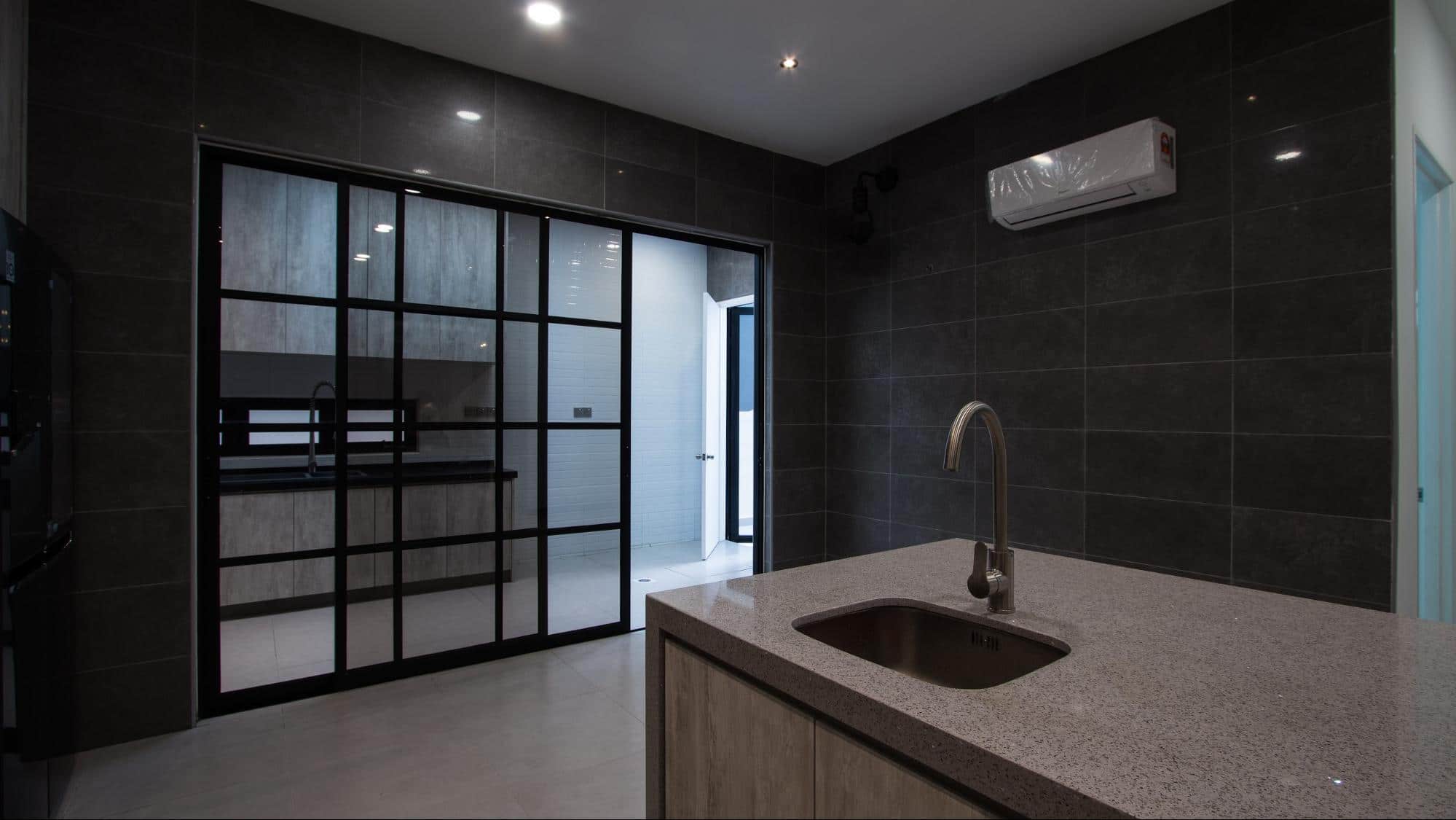 Black-framed modern industrial glass divider