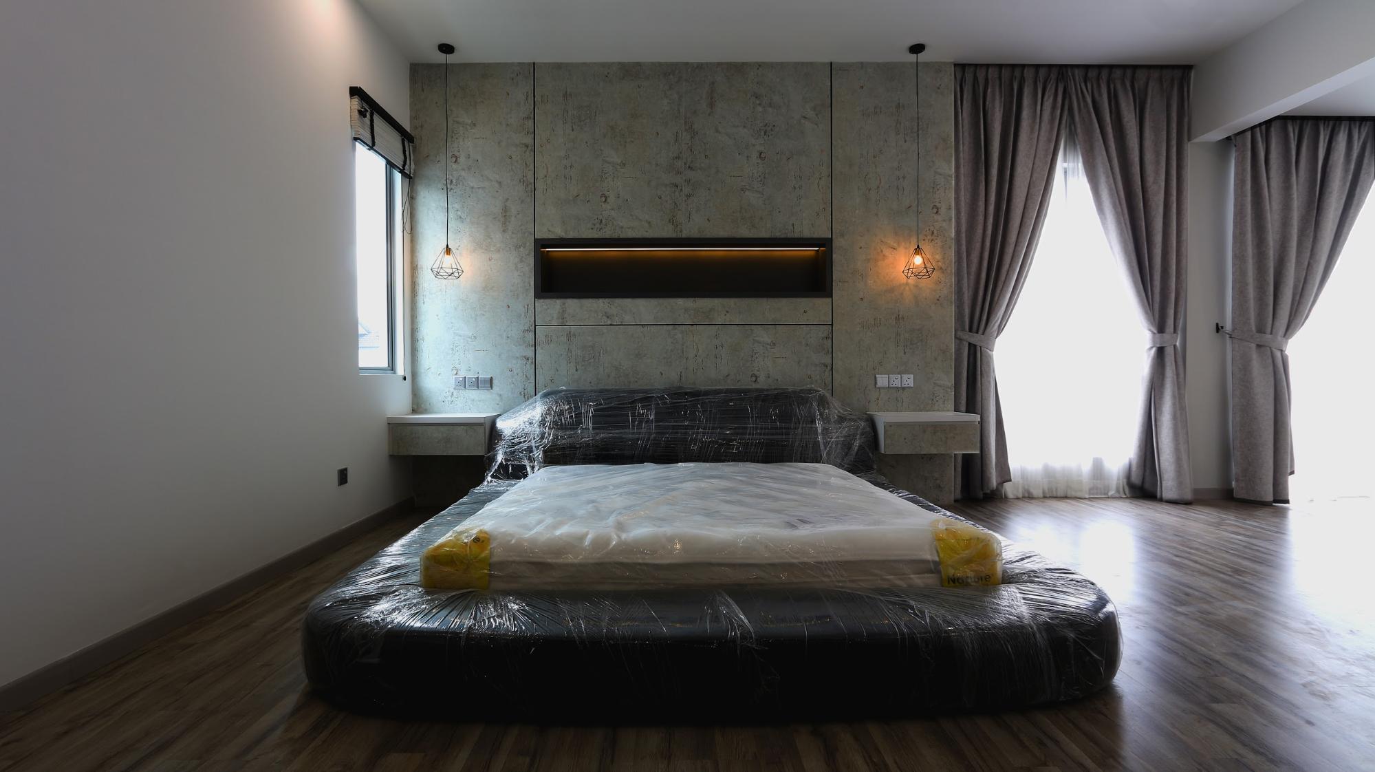 Master bedroom bed and feature wall in modern industrial design