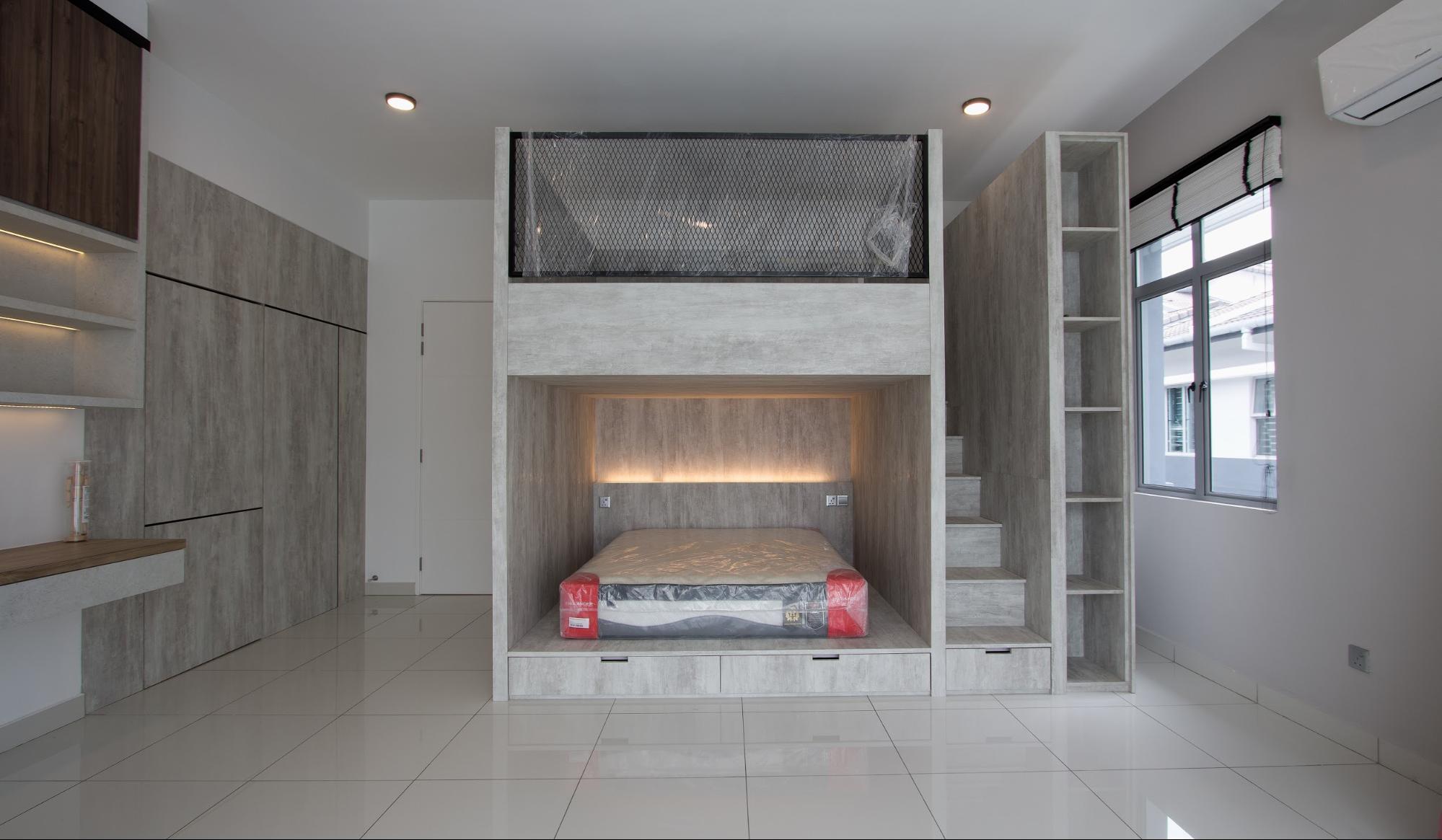 Custom made double-decker bed in grey laminates and built-in storage