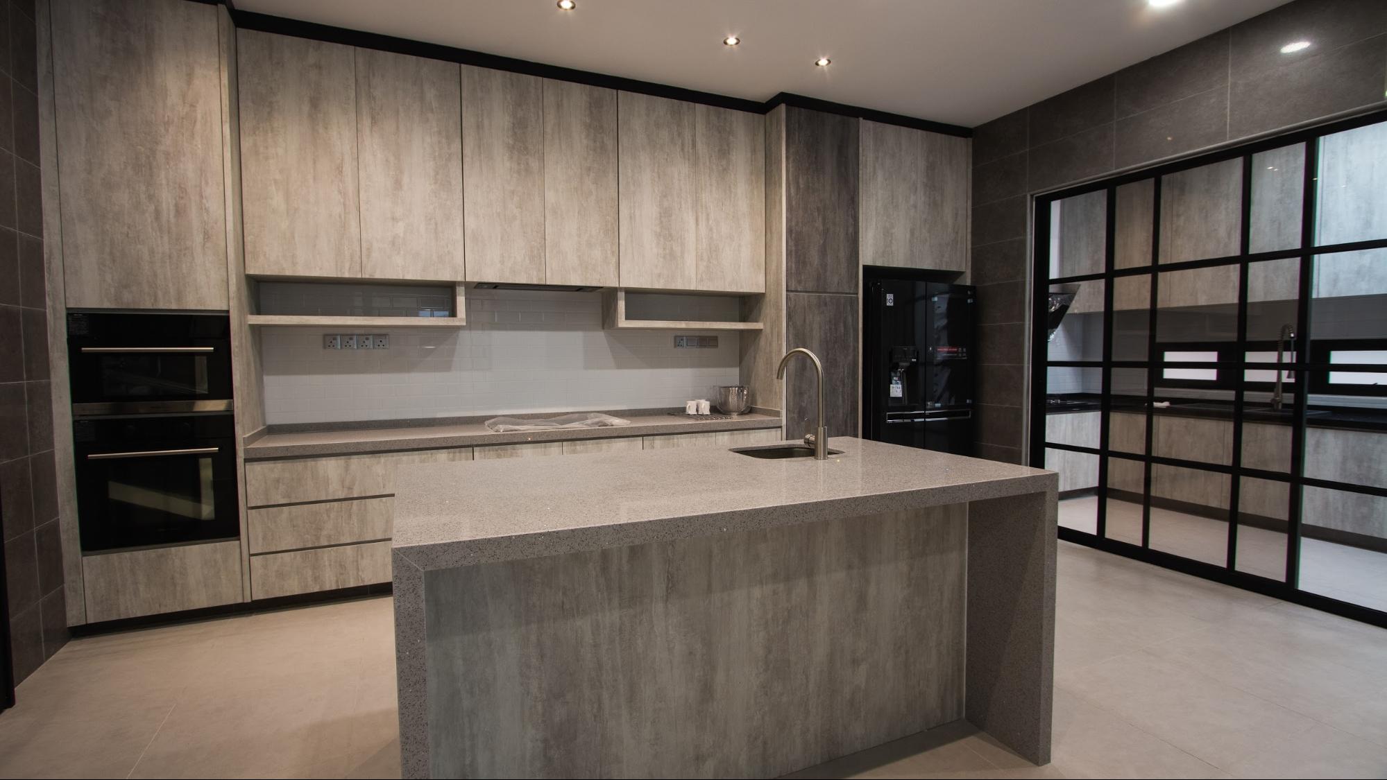 Modern industrial dry kitchen with concrete textures
