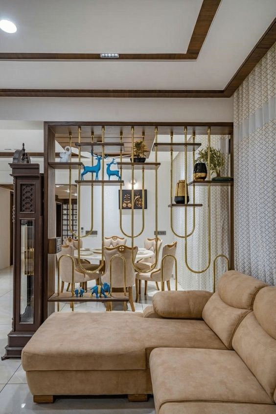 Gold plated room divider with display shelves 