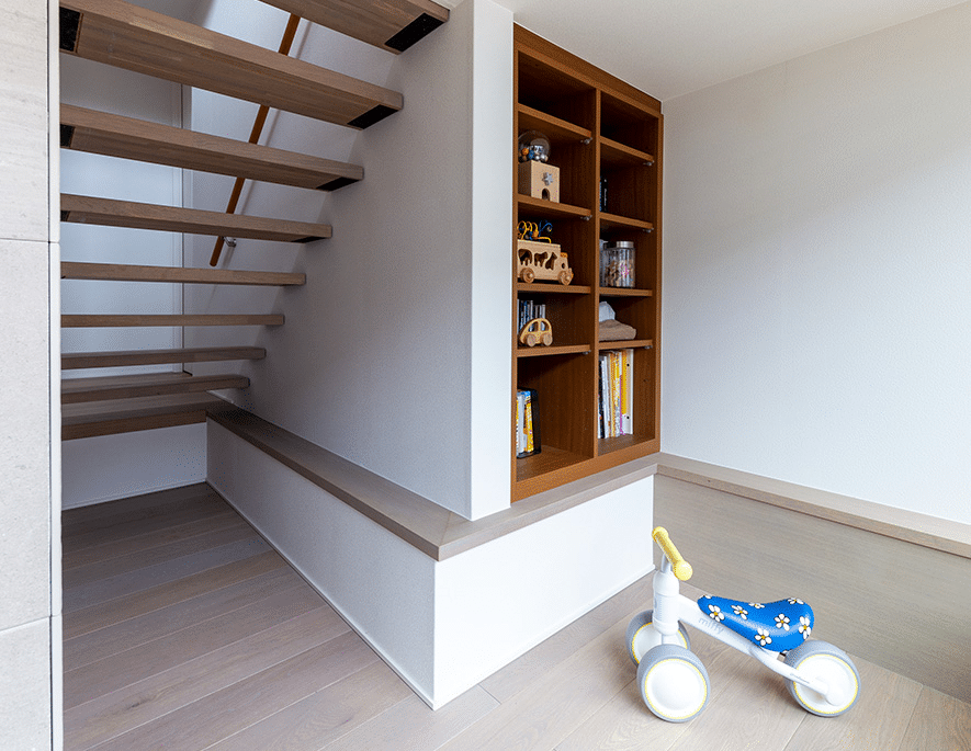 Muji inspired interior design with living room storage shelves