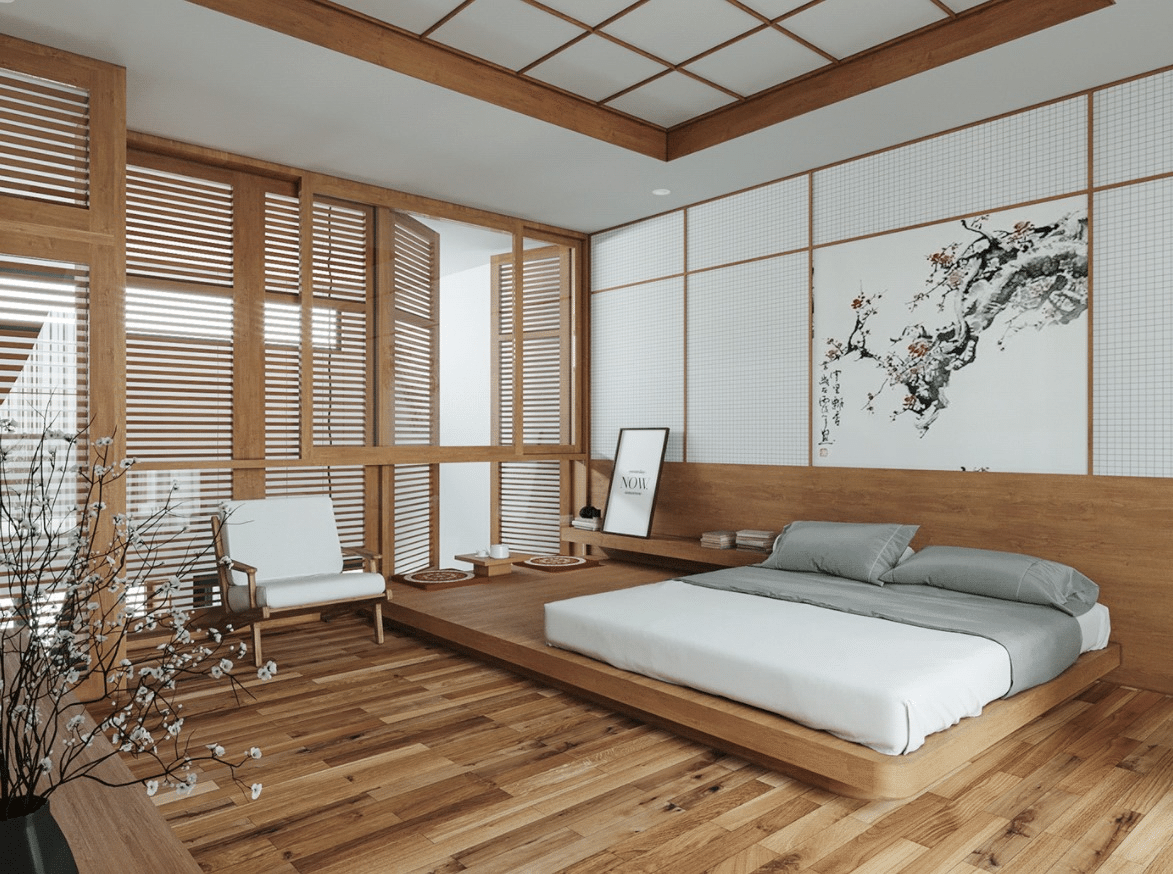 Muji inspired interior design with slatted bedroom windows
