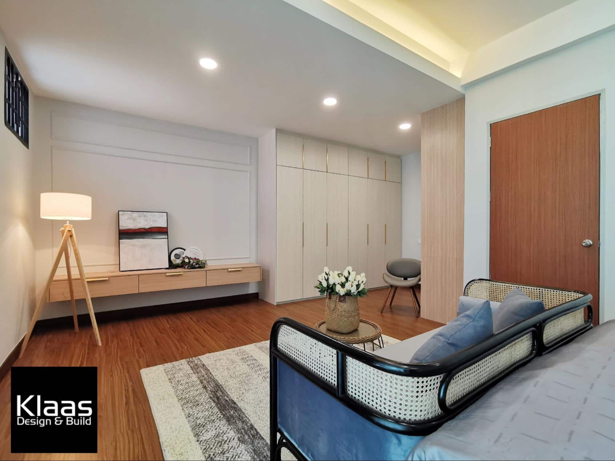 View of the modern classical bedroom with a colonial designed bench
