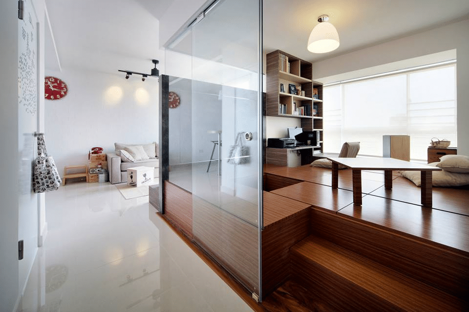 Muji inspired interior design with living room elevated platforms 
