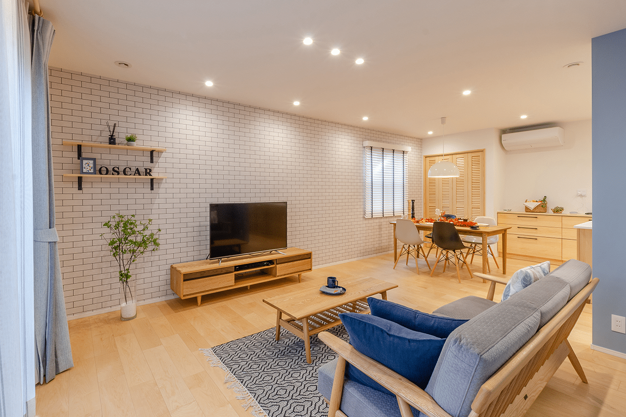 Muji inspired interior design with white subway tile feature wall