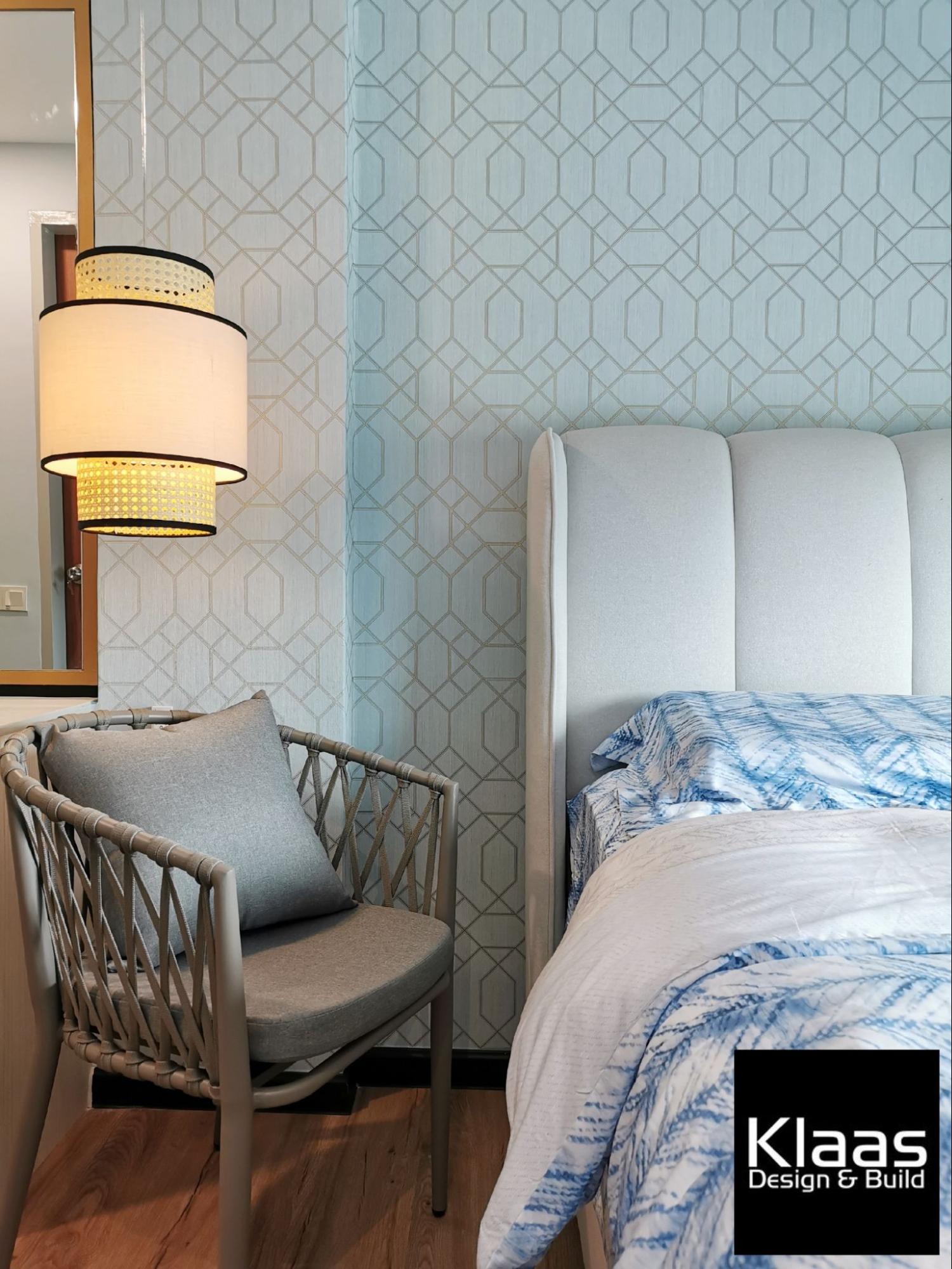 Close-up of bedside lamp in a blue bedroom