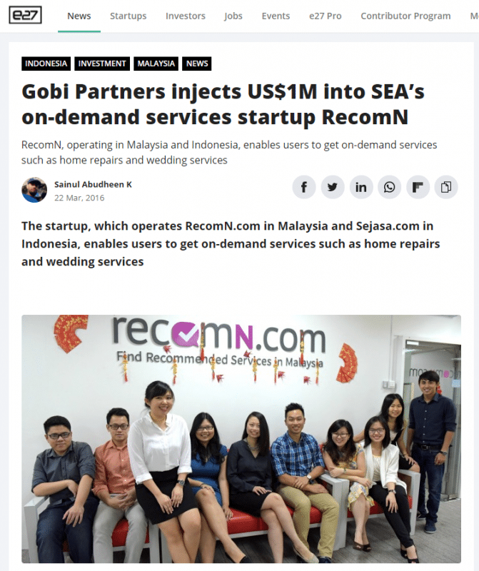 Recommend.my received USD1m in seed funding, We were still RecomN.com then! Source: E27.co, Mar 2016.