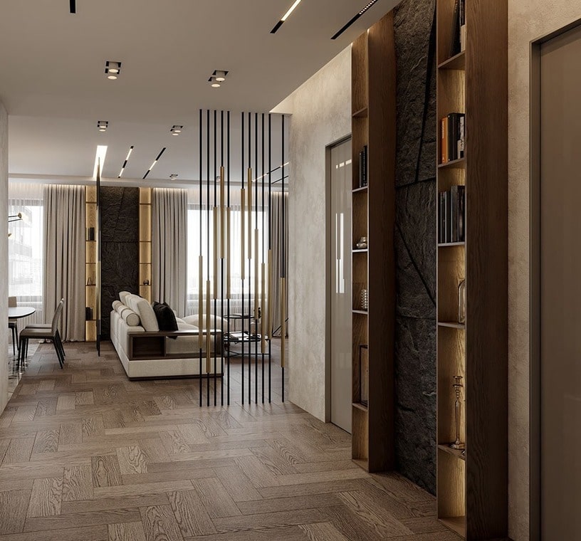 Modern living room hallway design with full length bookshelves