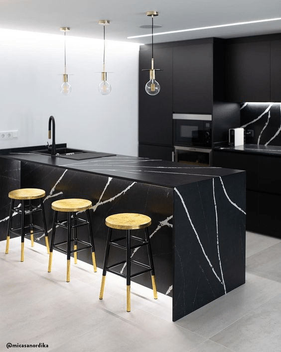 Black kitchen cabinets with gold kitchen island bar stools