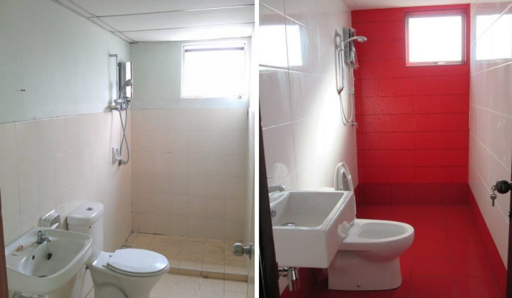 Renovasi bilik mandi dengan jubin merah