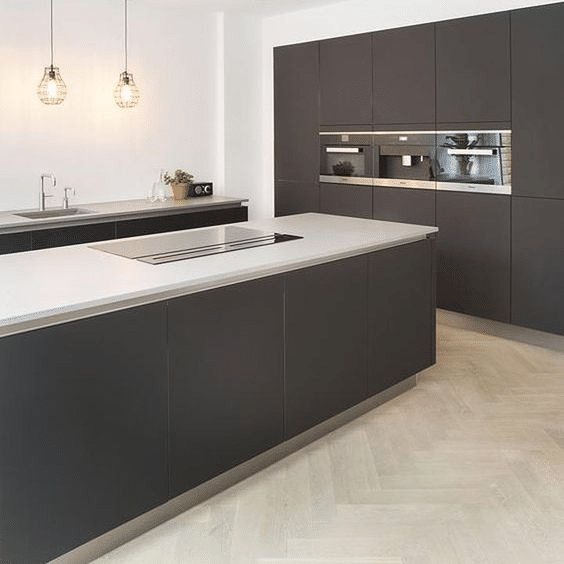 Seamless black kitchen cabinets with kitchen island