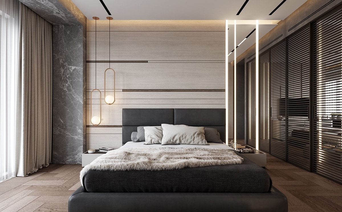 Modern contemporary master bedroom with hanging side lamps