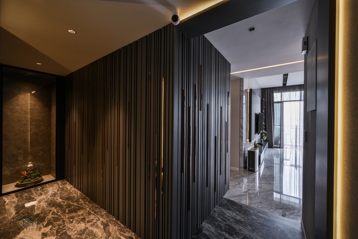 Hallway with vertical slat wooden panel