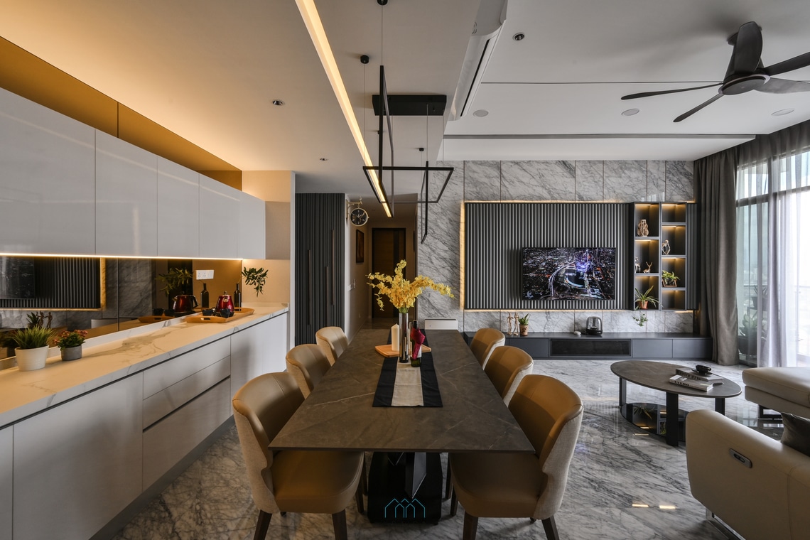 Modern contemporary textured dining area and living room 