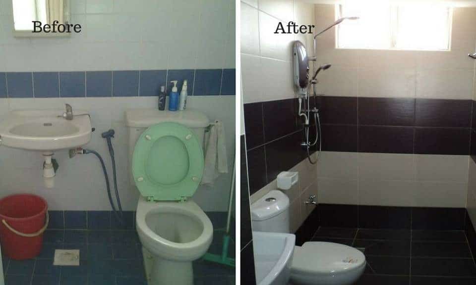 Renovasi blik mandi dengan jubin dinding hitam dan putih