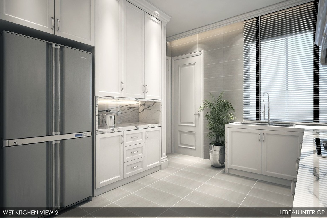 Classical designed kitchen with all-white cabinetry