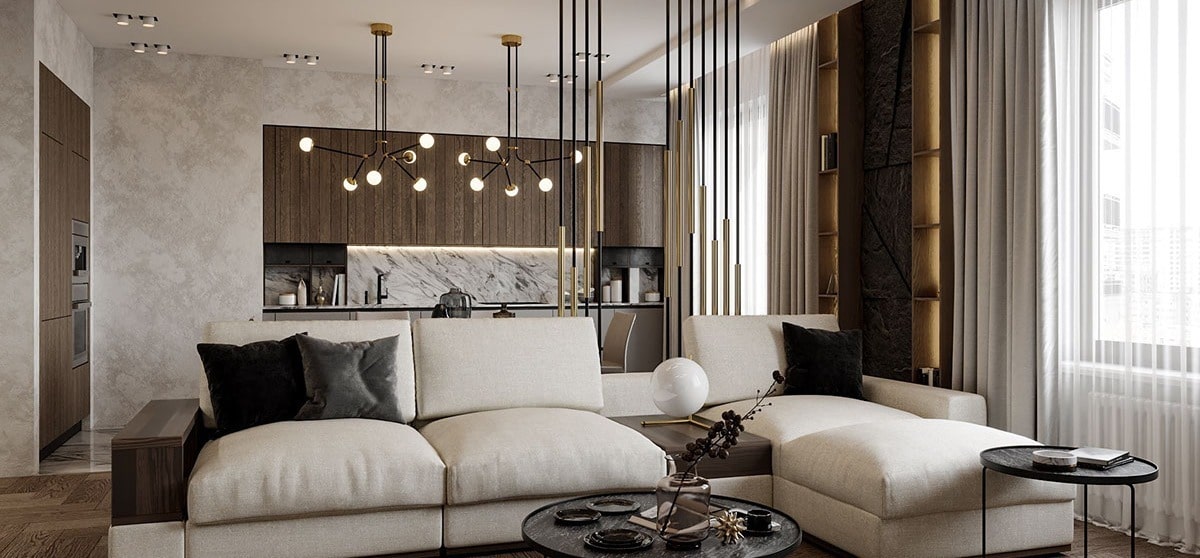 Open space modern contemporary living room and dining room