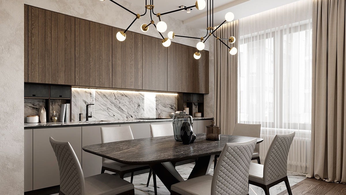 Modern dining room with marble and light tones 