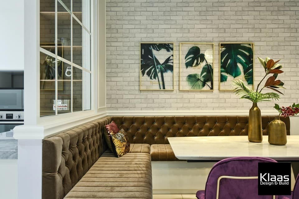 Dining room with built-in velvet seats