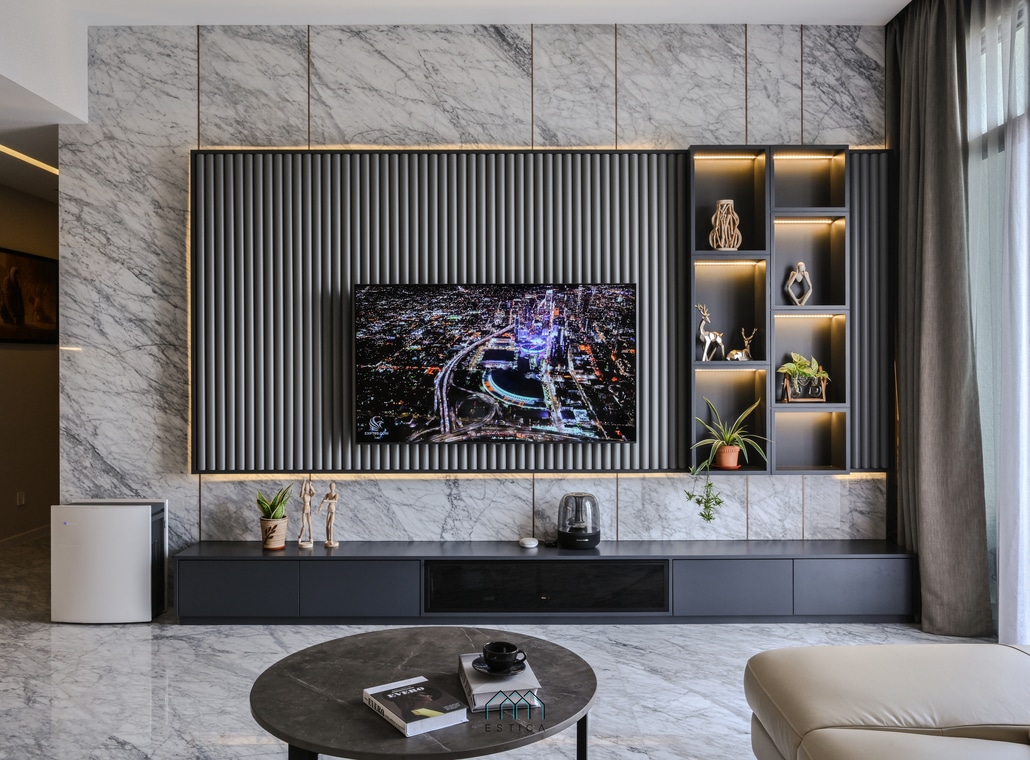 Grey TV console with different textures and patterns