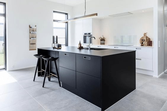 Minimalist white kitchen with solid black kitchen island