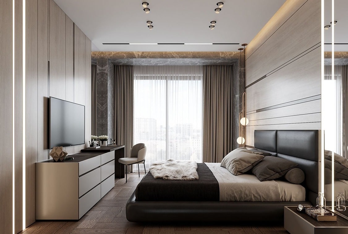 Sleek beige master bedroom design 